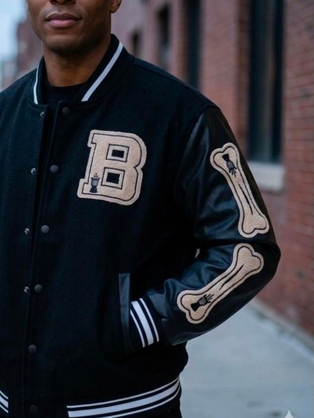 ​🔥 Streetwear Bone Sleeve Varsity Jacket | "B" Patch